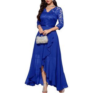 Women's A-royal Blue V-Neck  Hi-Lo Floral Lace Prom Cocktail Party Formal Dress